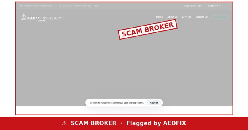 Balham Investment website stamped SCAM BROKER, flagged by AEDFIX