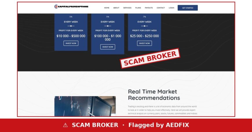 Capital Prime Options flagged as a scam broker by AEDFIX